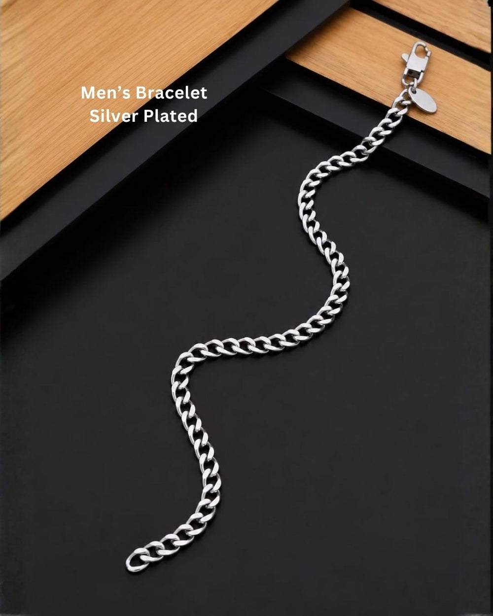 Elegant silver plated men’s bracelet featuring a bold Cuban link chain pattern, polished finish, and secure lobster clasp, perfect for daily wear, casual outfits, and modern looks.