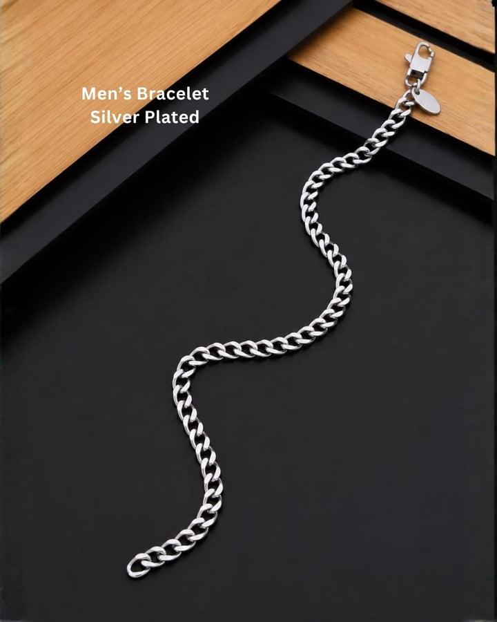 Elegant silver plated men’s bracelet featuring a bold Cuban link chain pattern, polished finish, and secure lobster clasp, perfect for daily wear, casual outfits, and modern looks.