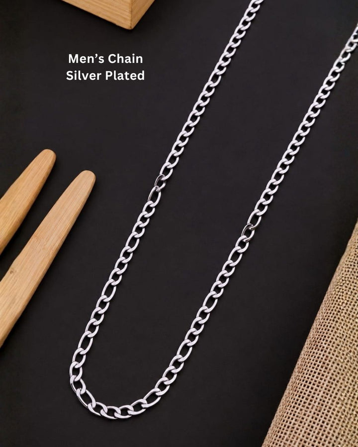Elegant silver plated men’s chain necklace featuring a classic interlocking link pattern, smooth polished finish, and versatile design, perfect for daily wear, casual outfits, and modern looks.