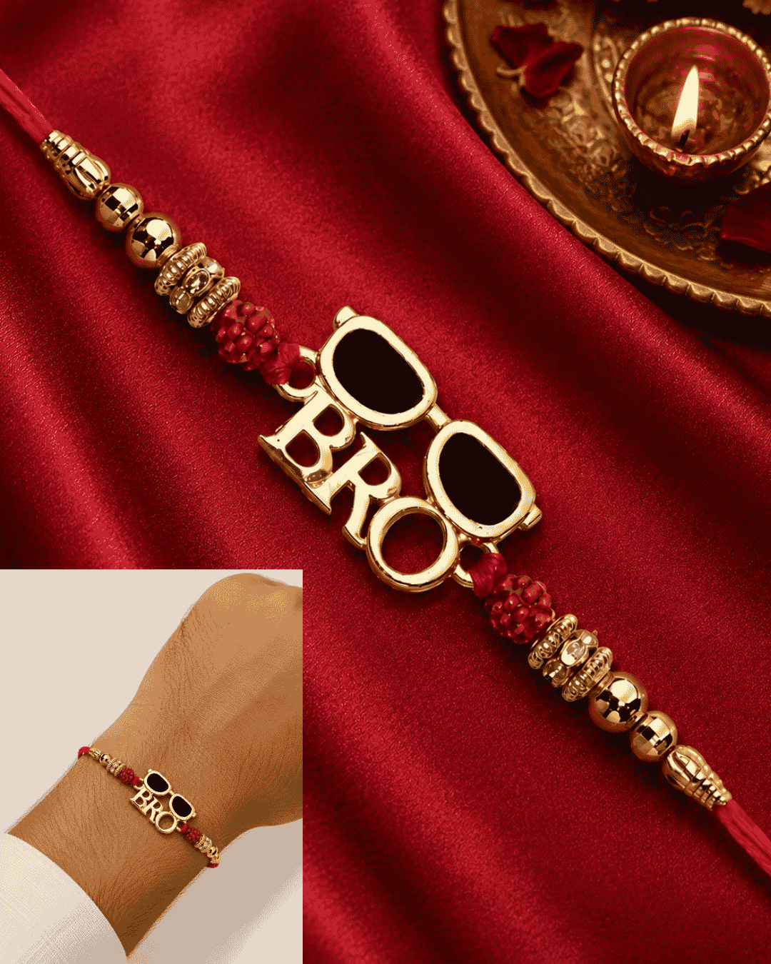 Premium BRO Rakhi showcasing a fashionable sunglasses-inspired design with gold-tone beads, red accents, and an elegant handcrafted finish.