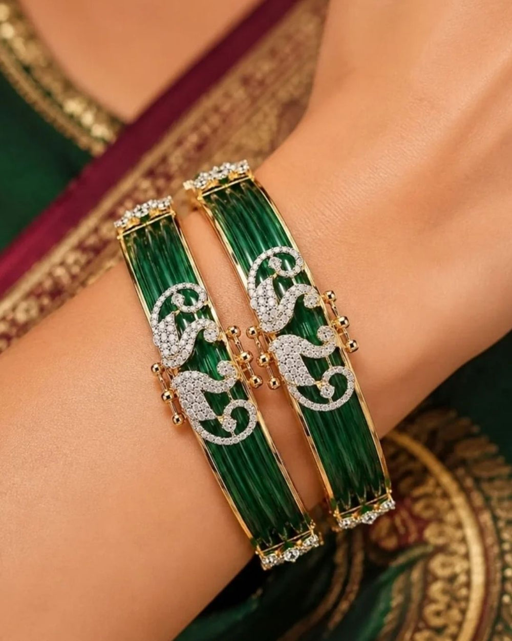 Stylish diamond finish changeable bangles featuring an elegant peacock design with gold detailing and sparkling stone accents. Perfect for traditional outfits, festive occasions, weddings, and daily ethnic wear.