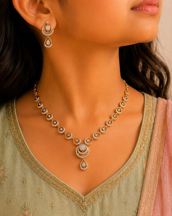 Zircon diamond matt design gold plated necklace set with waterproof, anti fade used for festivals ,weddings , and ideal for gifting. 