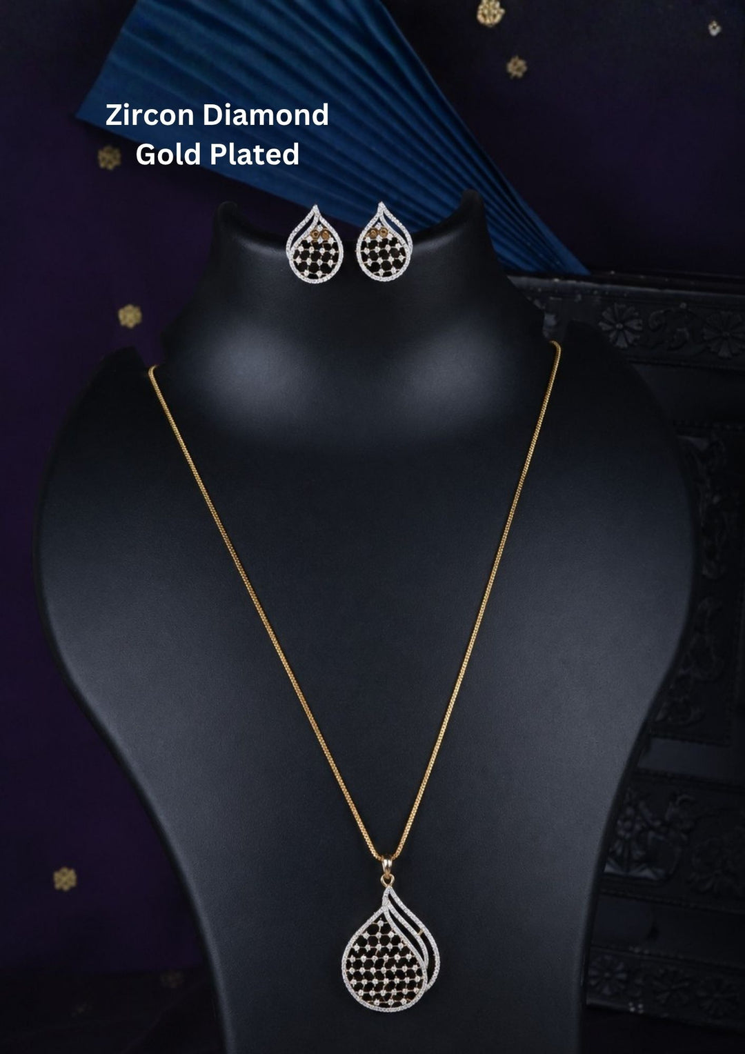 Lightweight zircon diamond jewelry set with a gold plated chain, matching teardrop earrings, and a modern geometric lattice pattern for elegant occasions.