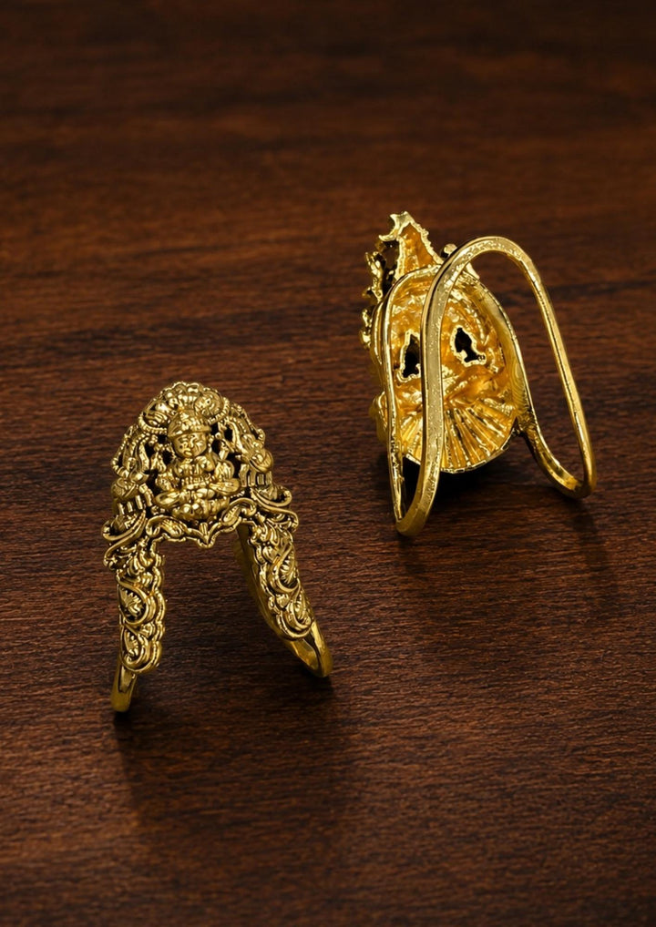 Beautiful Lakshmi Devi gold plated adjustable ring featuring an intricate temple design with detailed carvings and a premium polished finish. Perfect for daily wear, festive occasions, temple visits, traditional outfits, poojas, and premium gifting.