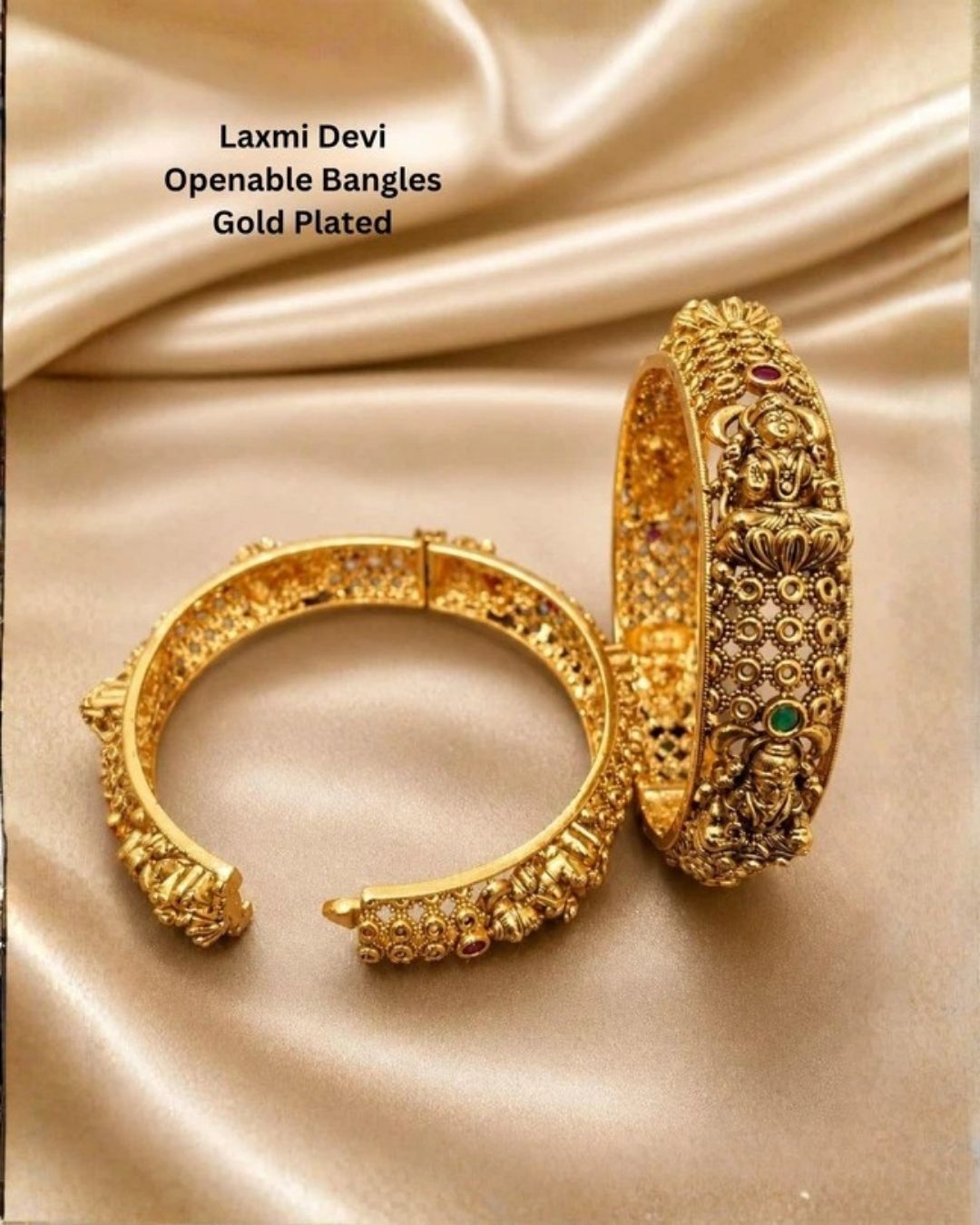 Jadau Kundan Gold Plated Temple Laxmi Devi Openable Bangles (Set of 2)