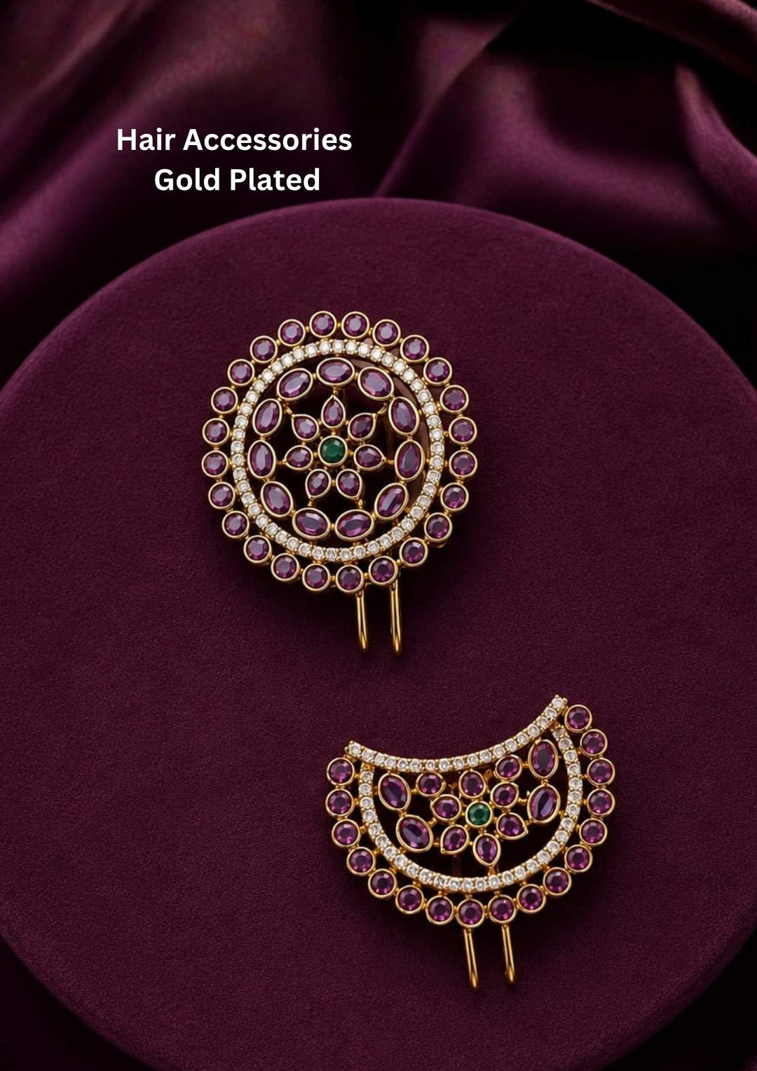 Beautiful Jadau Kundan gold plated Sun and Moon brooch set adorned with ruby stones, green accents, and shimmering zircon detailing. Perfect for festive occasions, traditional attire, cultural events, and premium gifting.