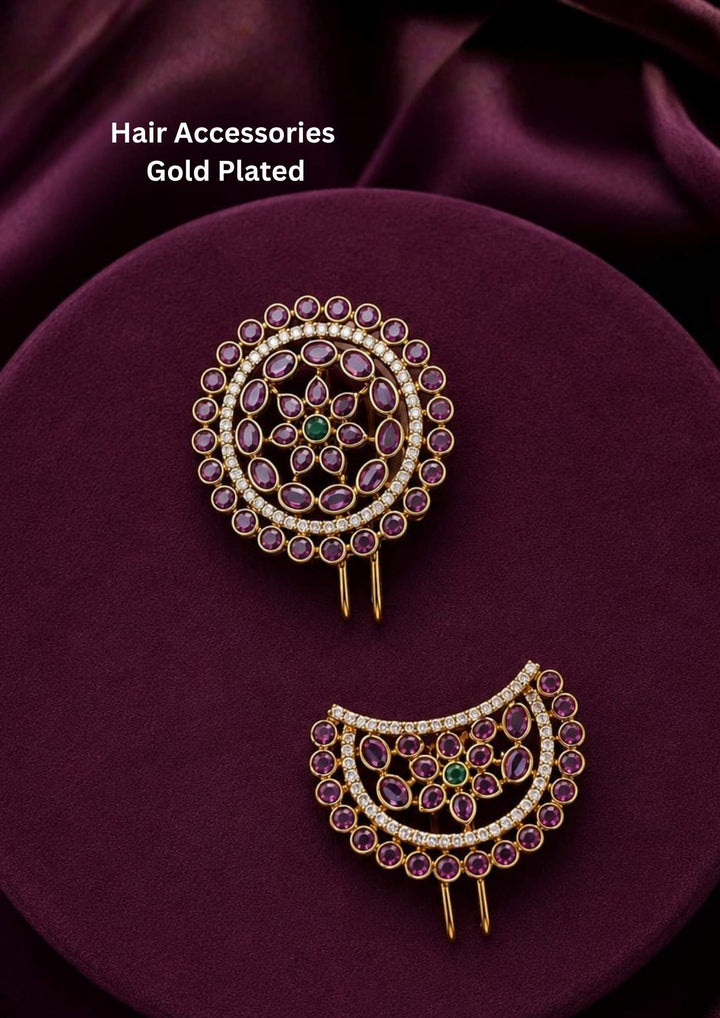 Beautiful Jadau Kundan gold plated Sun and Moon brooch set adorned with ruby stones, green accents, and shimmering zircon detailing. Perfect for festive occasions, traditional attire, cultural events, and premium gifting.