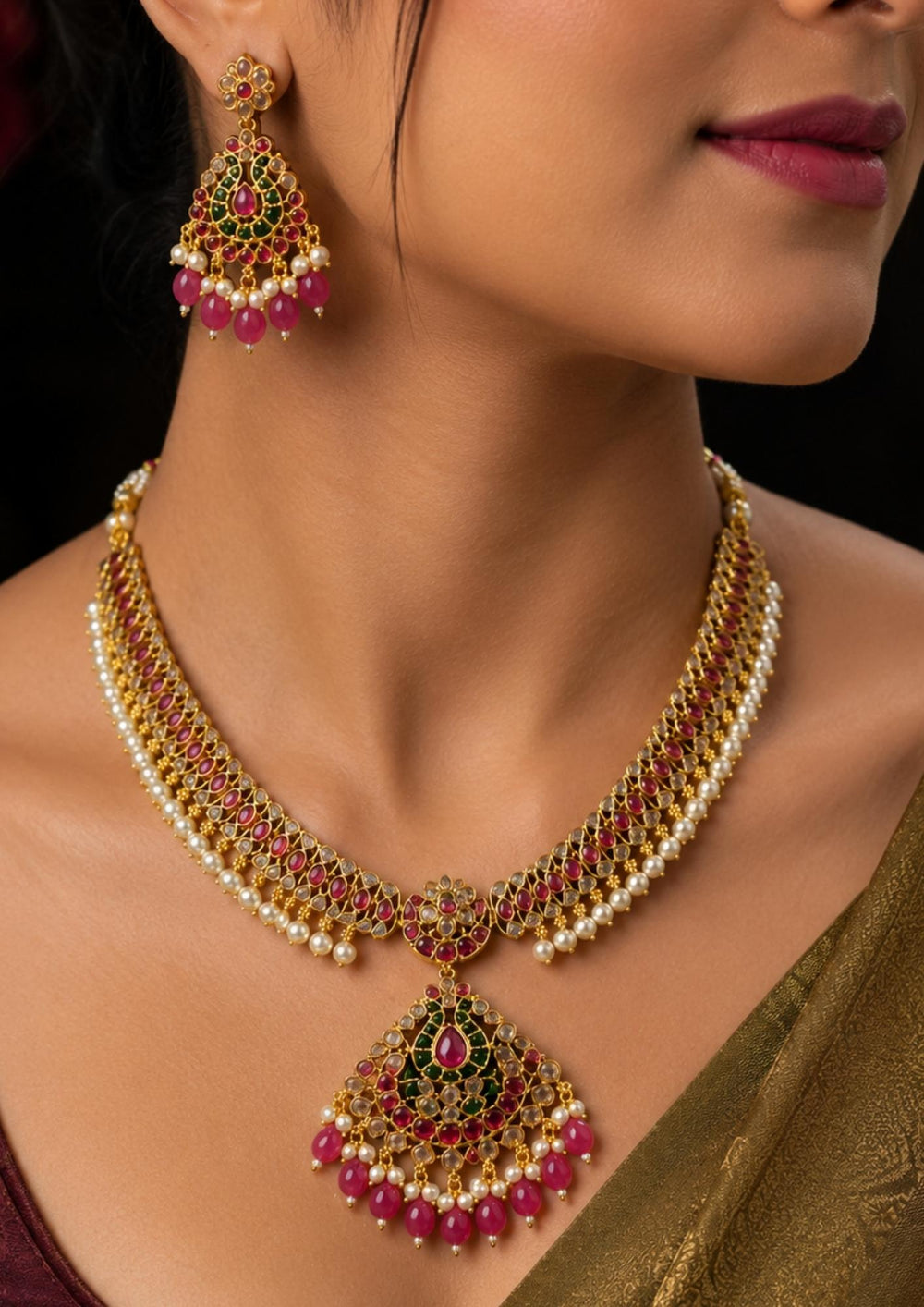 South indian women's Beautiful Jadau Kundan gold plated pearl pendant necklace set featuring ruby and green stones, intricate kundan craftsmanship, pearl accents, and matching earrings. Perfect for weddings, festivals, temple visits, traditional outfits, bridal wear, and premium gifting.