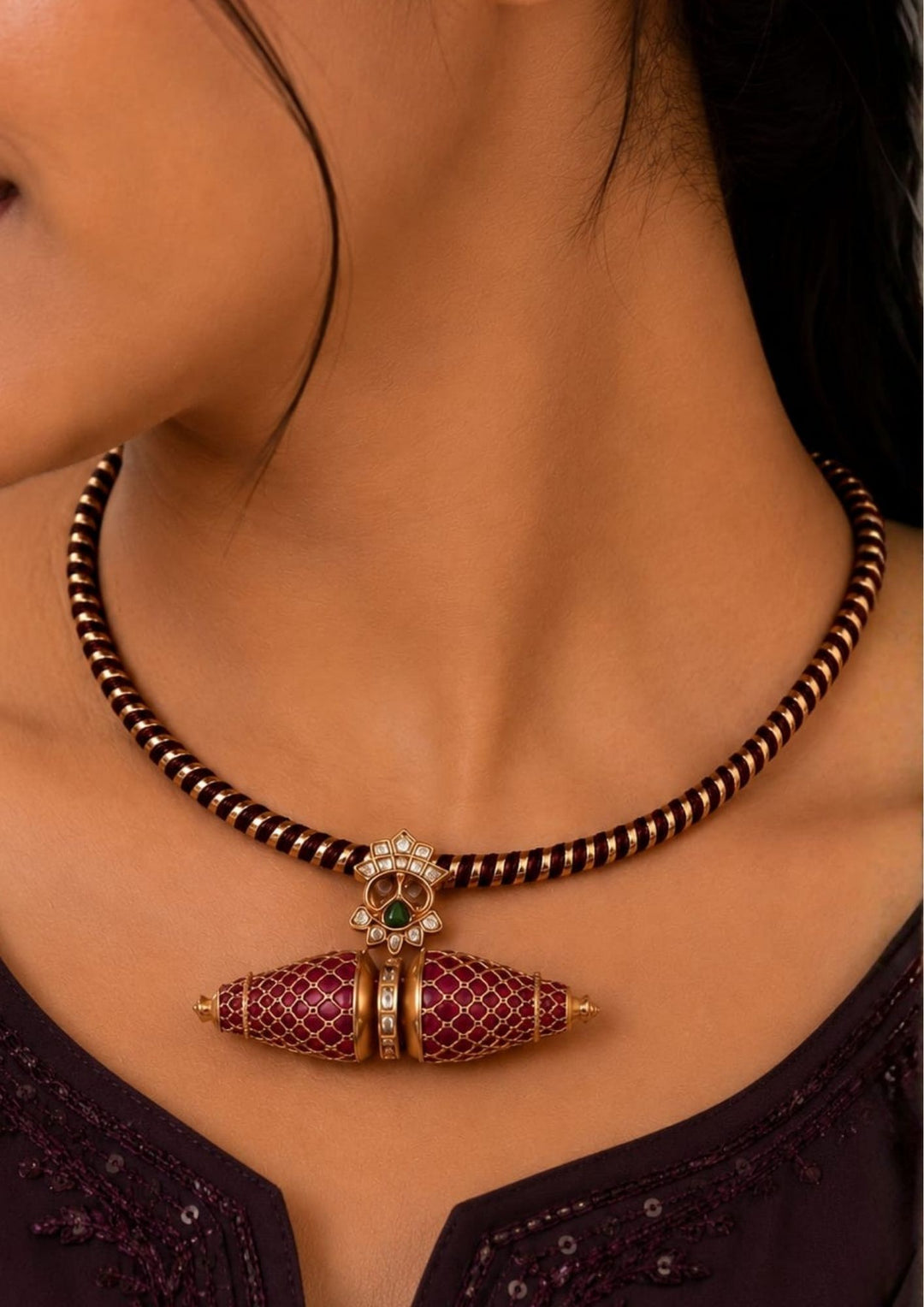 south Indian women wearing a kante necklace set with studs . Detailed view of the circular Kemp stone stud earrings and the matching Kante necklace pendant. The jewelry showcases premium antique gold plating, precise square-cut red stones, and central green accents, offering a sweat-proof, anti-fade, and high-quality traditional look for festive celebrations.