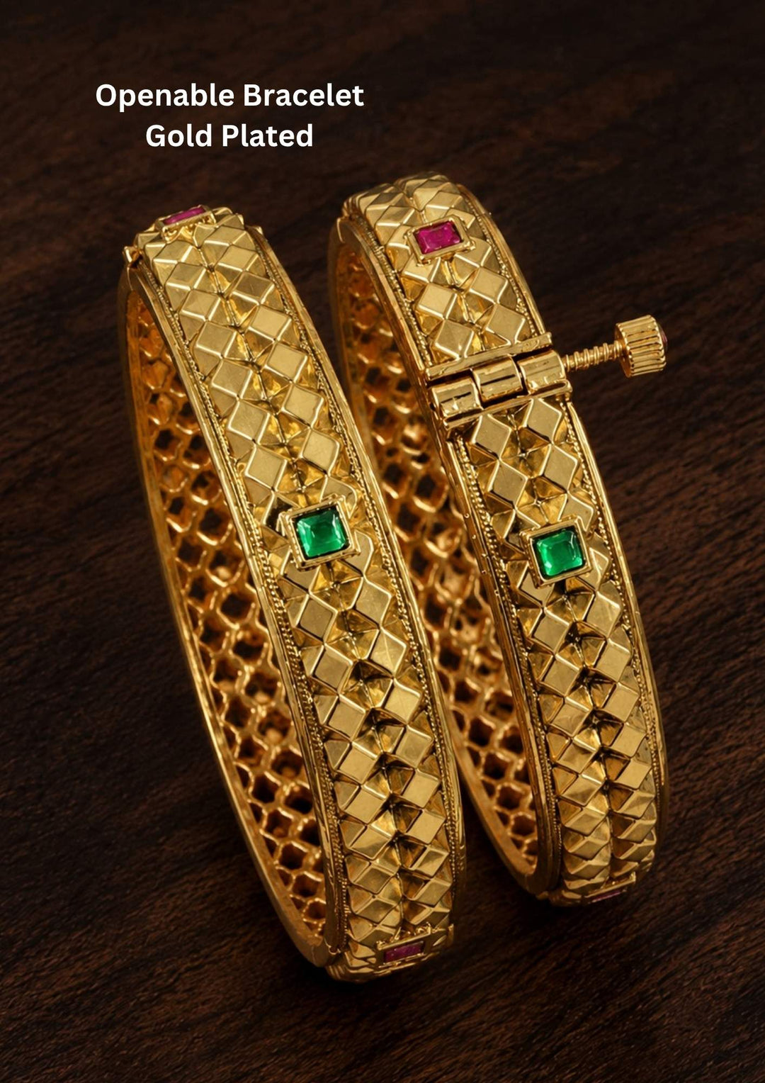 Beautiful gold plated openable bracelet pair featuring a geometric textured pattern, ruby and green stone accents, and elegant craftsmanship. Perfect for daily wear, weddings, festivals, traditional outfits, family functions, and premium gifting.