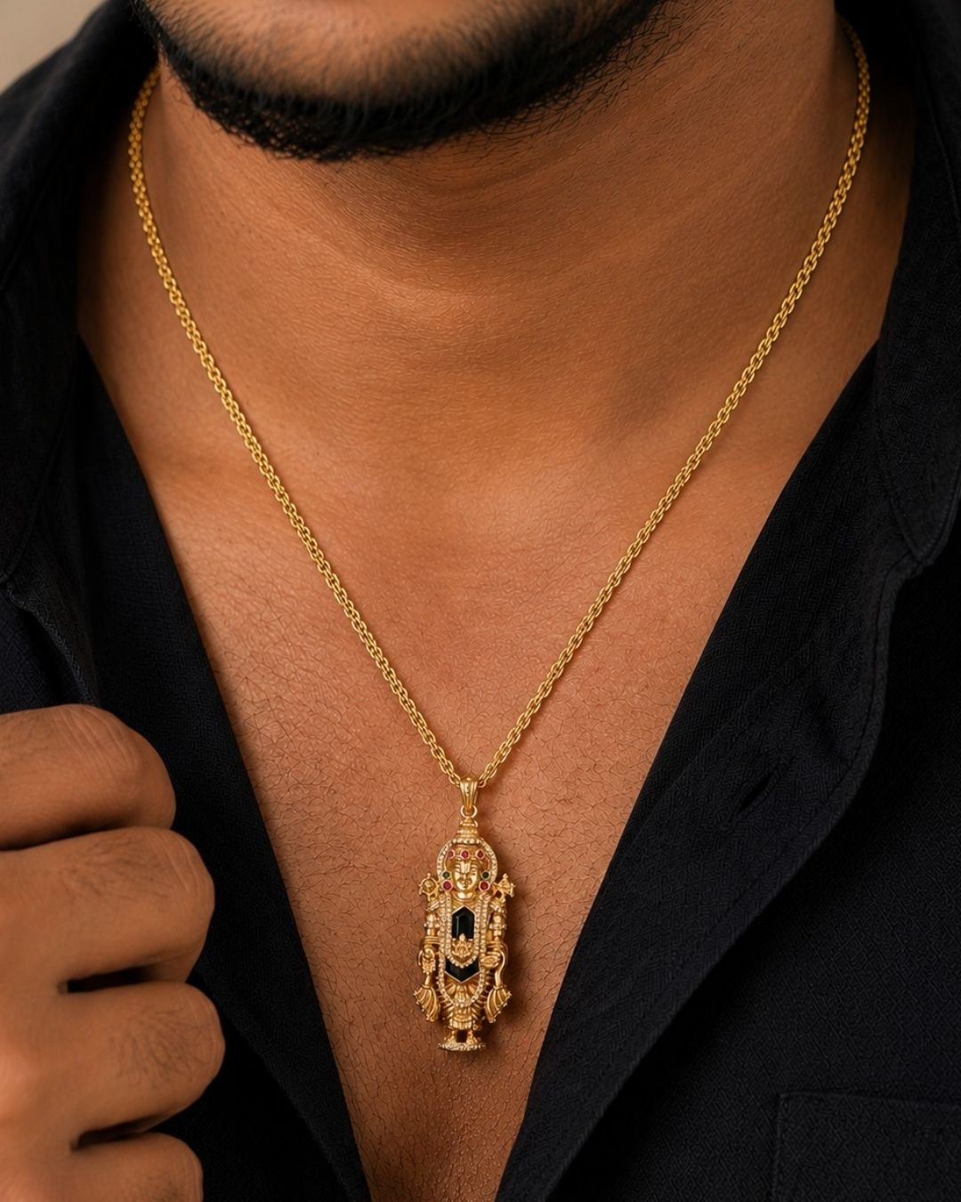 Beautiful Lord Venkateswara gold plated pendant featuring intricate temple-style detailing, colorful stones, and a traditional devotional design. Perfect for festive occasions, temple visits, traditional outfits, and gifting.