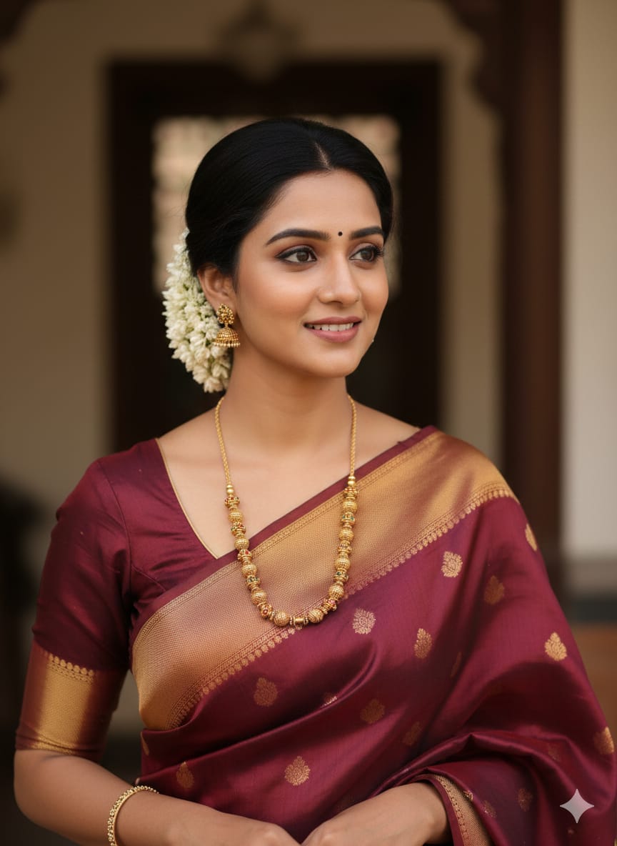 South Indian women styling a gold plated Jadau Kundan long chain haram designed with antique golden spheres and an elegant shiny gold finish that gives a graceful traditional and modern look for daily fashion wear, office styling, festive occasions, poojas, family functions and casual outfits with lightweight comfortable use