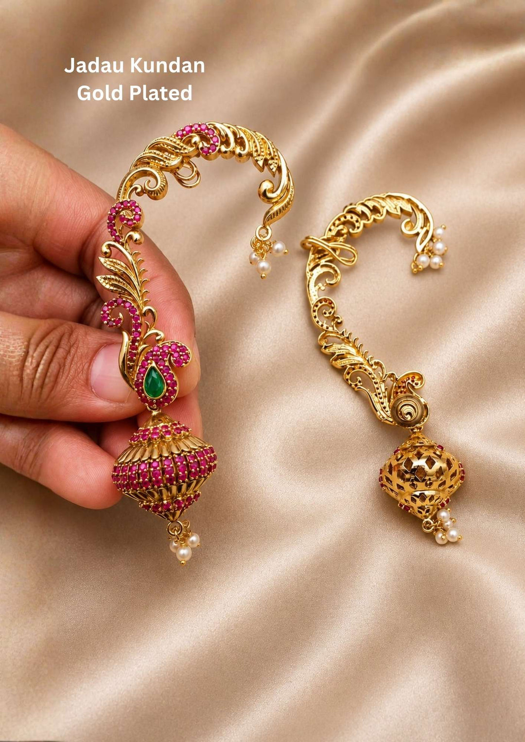 Jadau kundan gold plated floral earrings featuring sparkling pink ruby stones with elegant kundan stone detailing and traditional handcrafted design. These lightweight earrings are crafted with floral patterns and premium gold finish that provide a rich royal appearance suitable for weddings, festivals, poojas, family functions, Bharatanatyam, sarees, lehengas, kurtis and ethnic outfits with skin friendly quality, anti fade polish, comfortable fitting