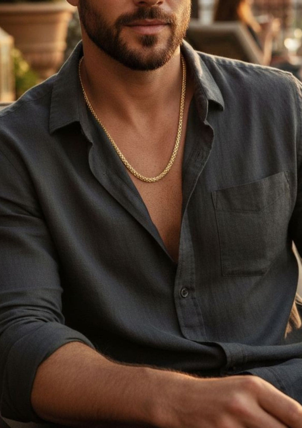 Man wearing a Gold-plated men's chain with link pattern perfect for daiy use, weddings