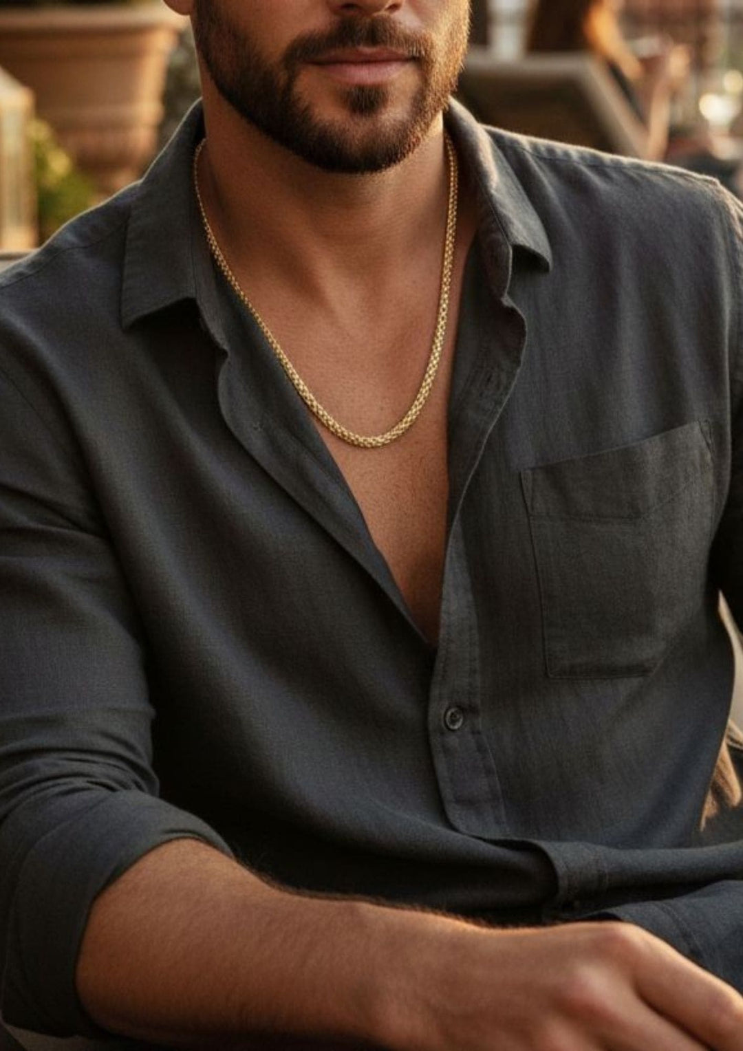 Man wearing a Gold-plated men's chain with link pattern perfect for daiy use, weddings