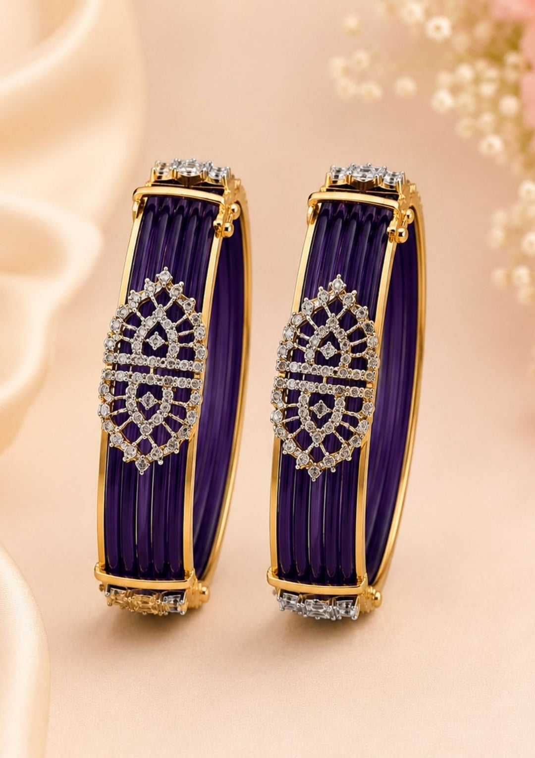  Beautiful multicolor silk thread bangles set paired with designer purple kadas featuring sparkling zircon detailing and premium craftsmanship. Perfect for weddings, festivals, traditional outfits, bridal wear, family functions, and premium gifting.