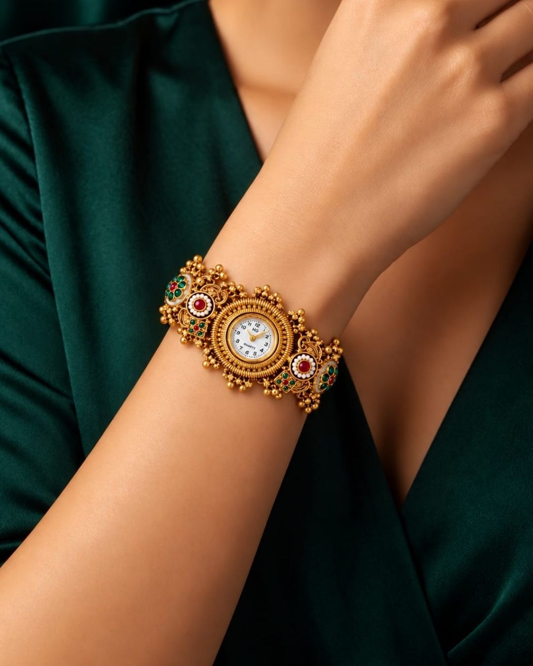 Traditional gold plated jewellery watch displayed diagonally on a cream surface with a wooden accent and gold decorative details.