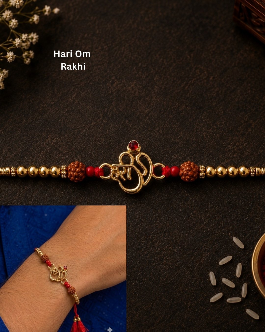 Elegant spiritual Rakhi showcasing a gold plated Om motif accented with a red stone, Rudraksha beads, and decorative gold beads on a red thread.