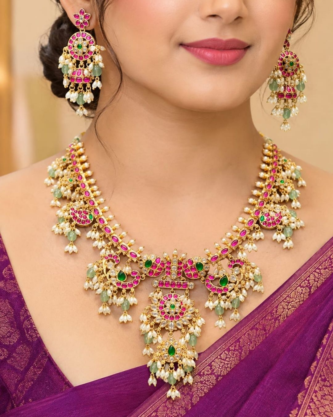 South indian women Elegant gold plated Kundan necklace set adorned with pink ruby stones, green accents, floral motifs, pearl drops, and matching earrings for festive occasions.