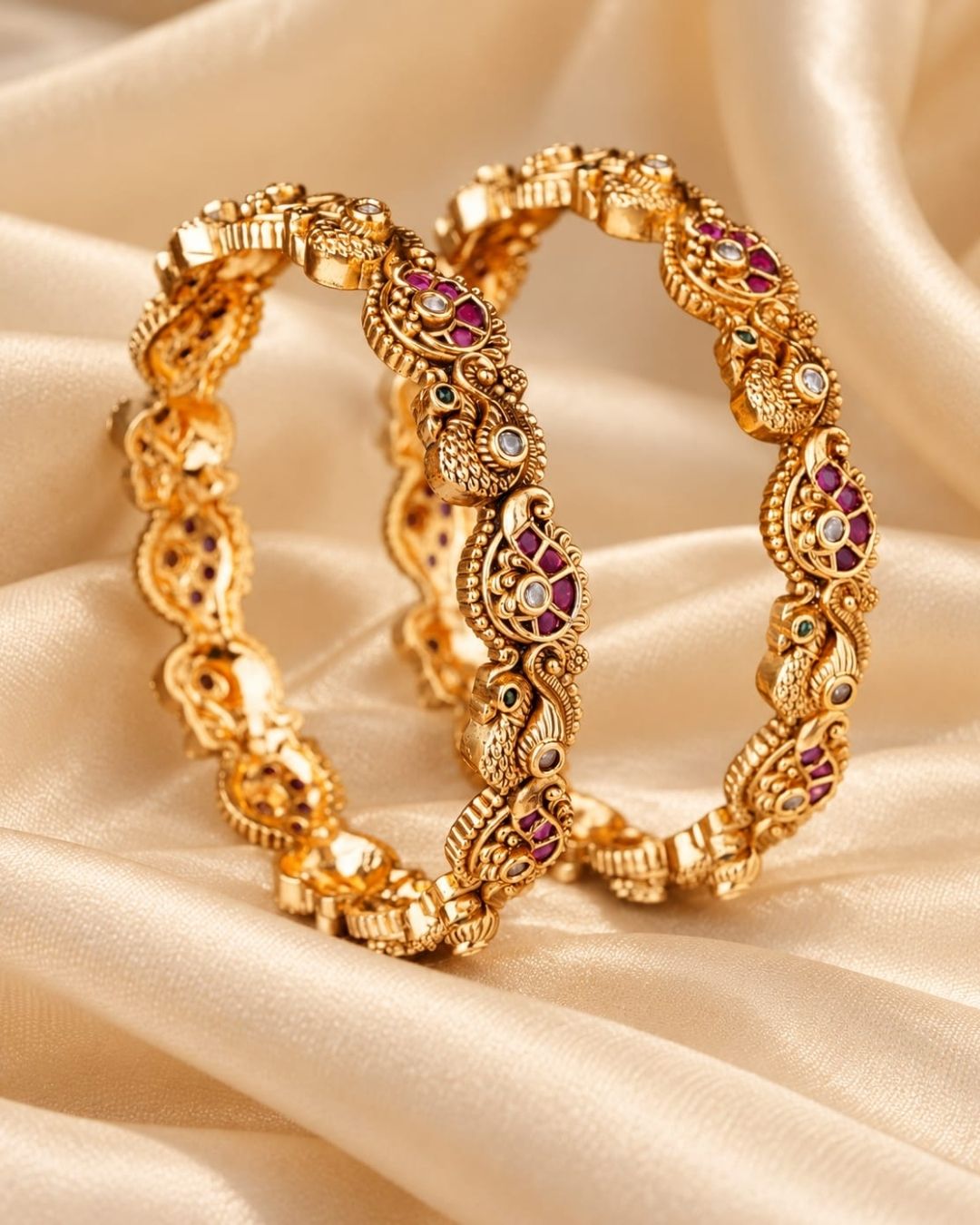 Jadau kundan gold plated bangles featuring intricate peacock motifs, purple and green stone accents, and antique gold detailing.