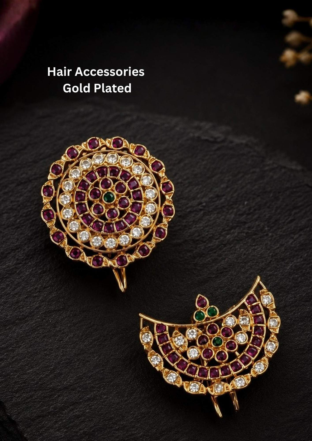 Beautiful Jadau Kundan gold plated Sun and Moon brooch set adorned with ruby stones, green accents, and shimmering zircon detailing. Perfect for festive occasions, traditional outfits, cultural events, and premium gifting.