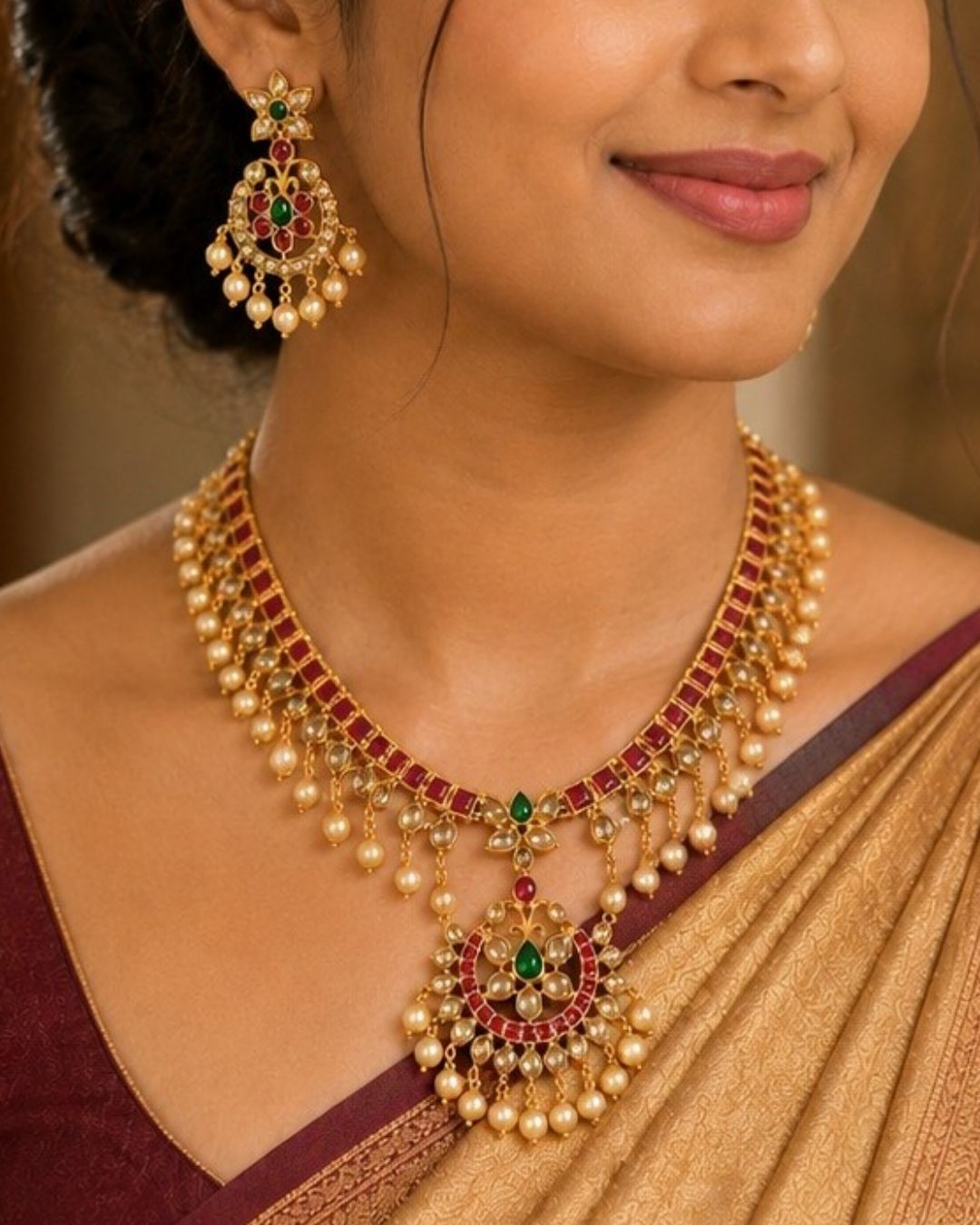 Beautiful Jadau Kundan gold plated jewellery set featuring a detailed necklace and matching earrings adorned with ruby, green stones, Kundan detailing, and pearl drops. Perfect for festive and traditional occasions.