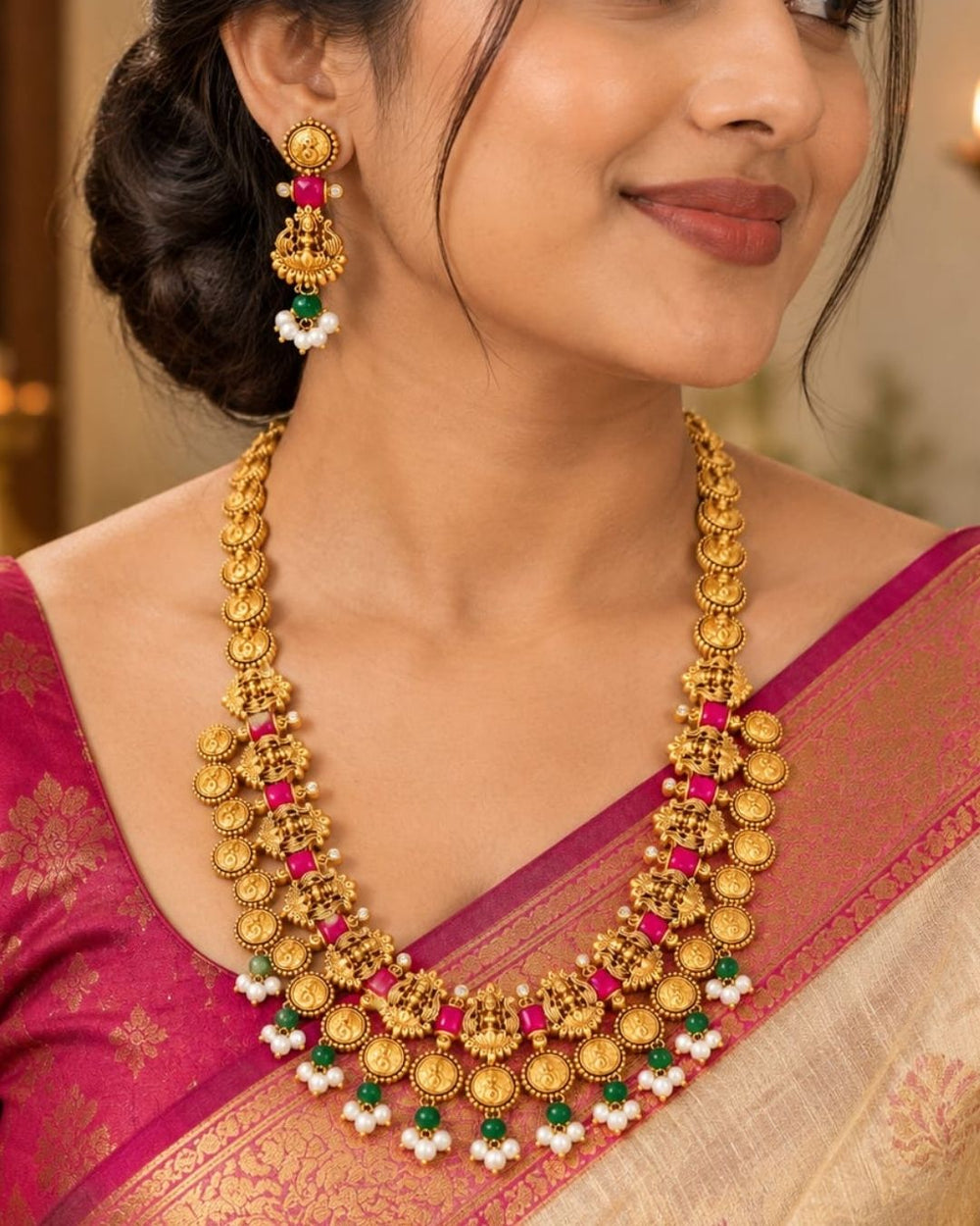 Elegant gold plated Lakshmi coin haram with detailed temple motifs, green beads, pearl drops, and matching Lakshmi earrings displayed on a teal jewellery bust.