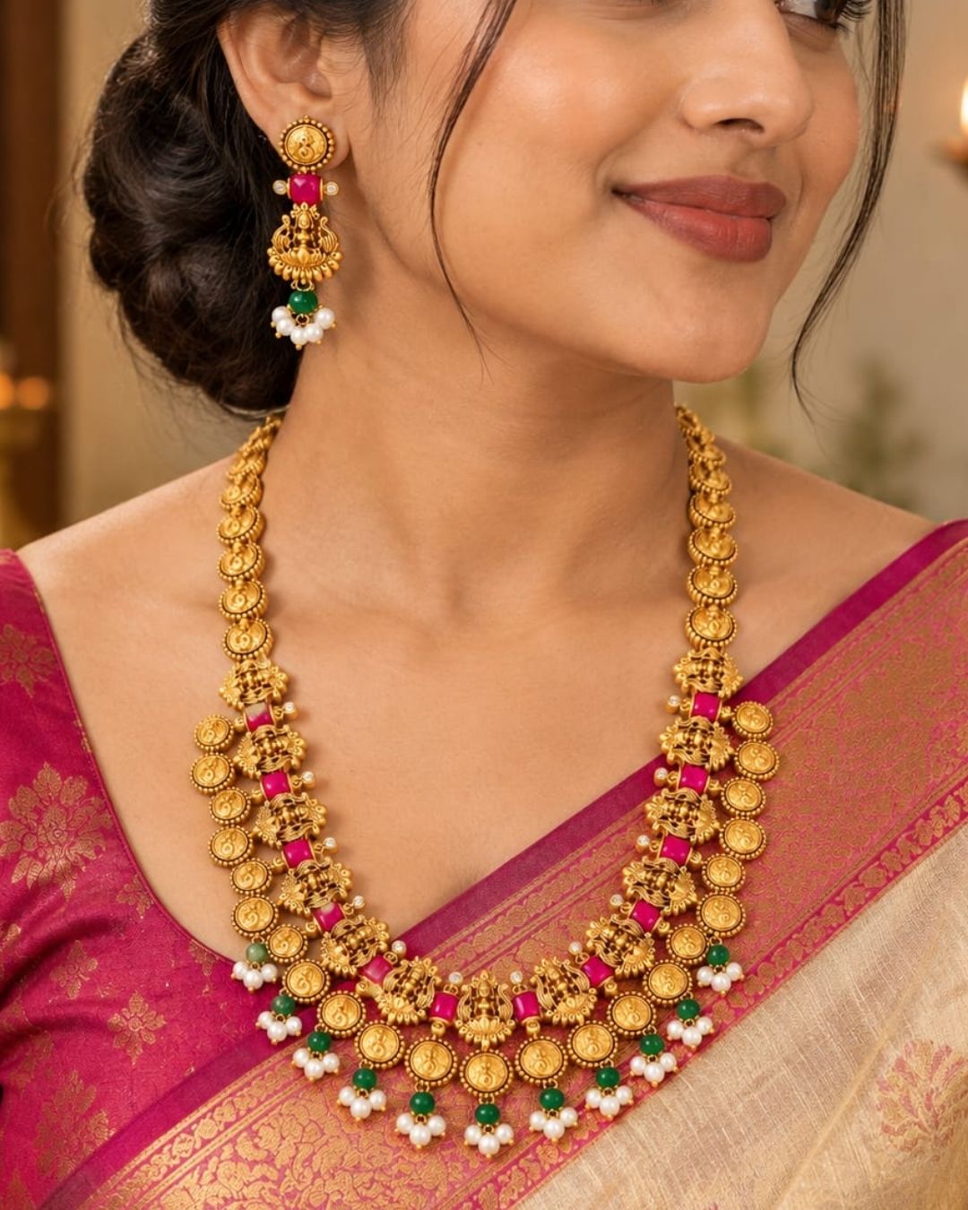 Elegant gold plated Lakshmi coin haram with detailed temple motifs, green beads, pearl drops, and matching Lakshmi earrings displayed on a teal jewellery bust.