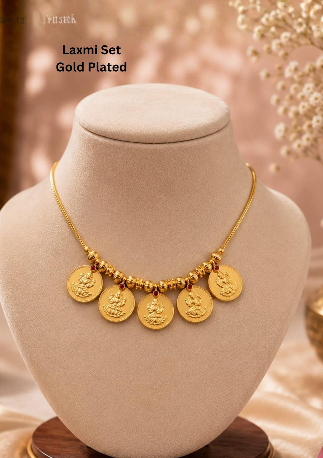 Gold plated Laxmi coin necklace featuring traditional Lakshmi motif coins with elegant temple-inspired craftsmanship. Perfect for festivals, poojas and traditional occasions.