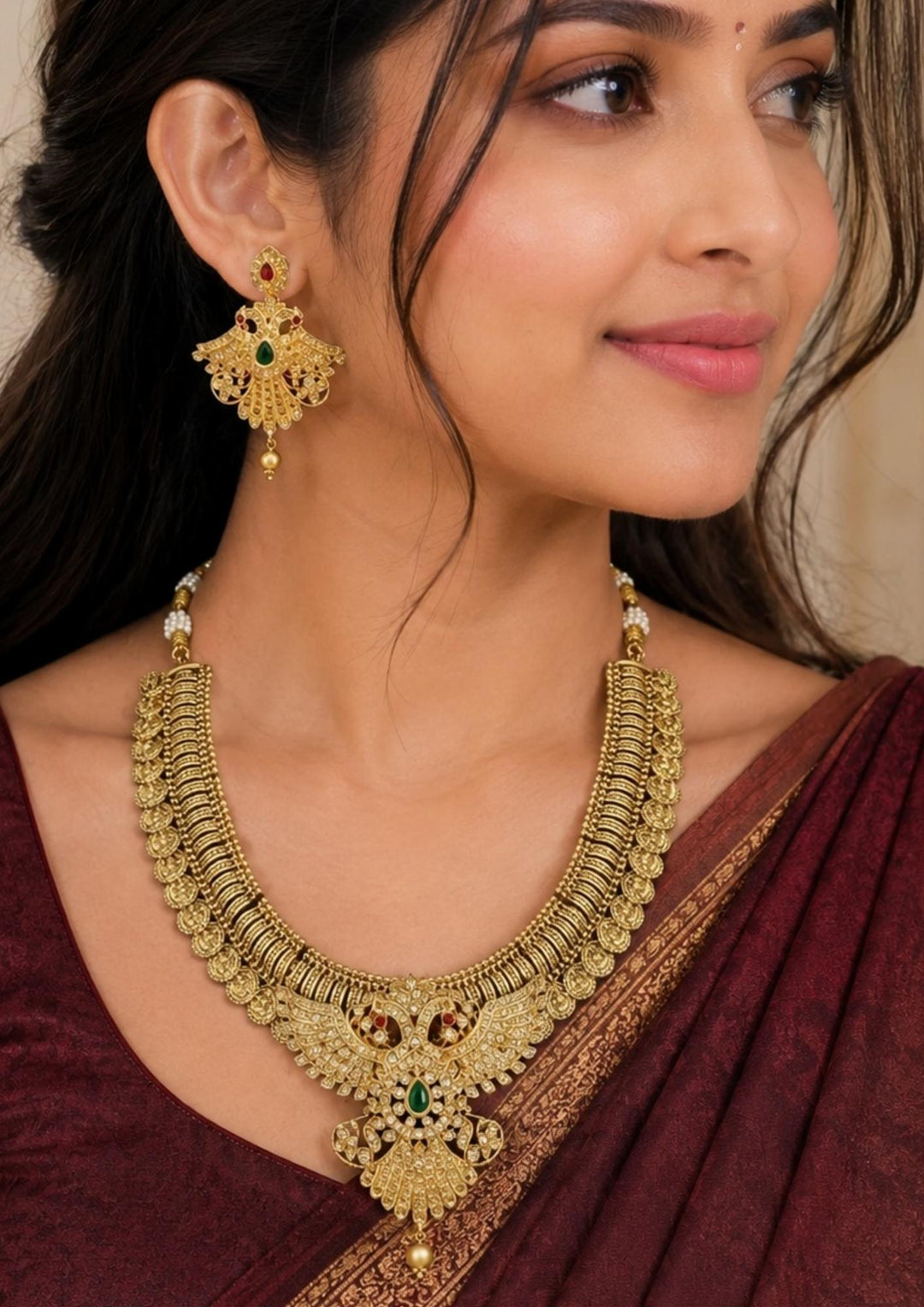 South Indian Woman wearing Traditional Laxmi kasulaperu gold plated short haram necklace featuring detailed coin style motifs throughout the chain with an intricately designed center pendant studded with white stones and green stone accents. The matching earrings have elegant filigree detailing with hanging gold beads, creating a rich South Indian temple jewelry appearance suitable for weddings, poojas and bridal occasions.