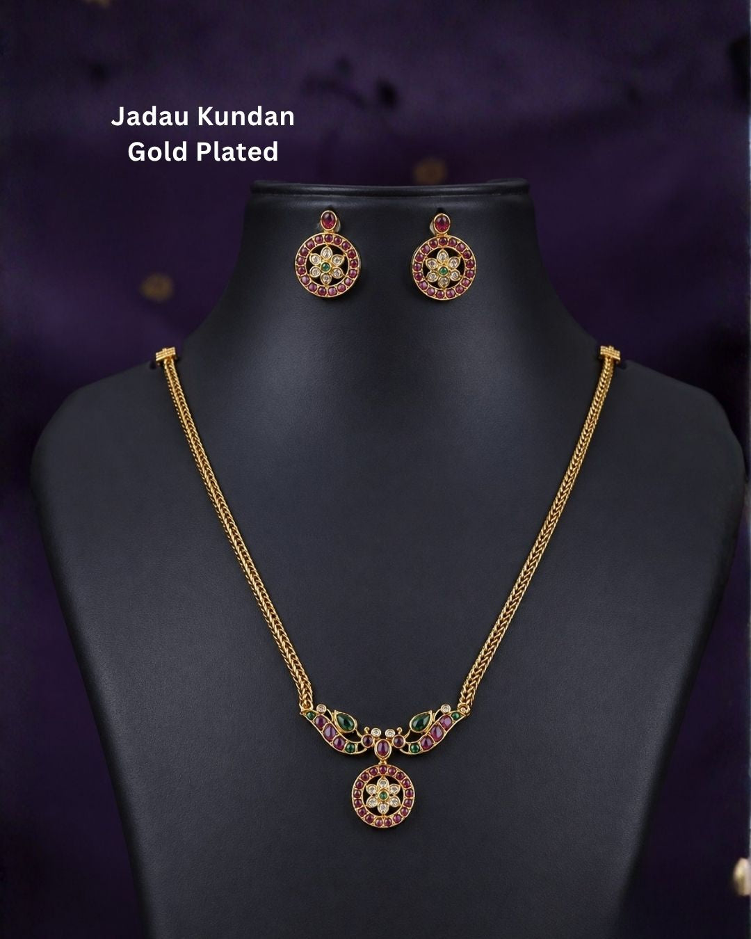 Beautiful multicolor stone gold plated necklace set featuring a delicate chain, floral-inspired design, and matching earrings. Perfect for festive occasions, traditional outfits, parties, and gifting.