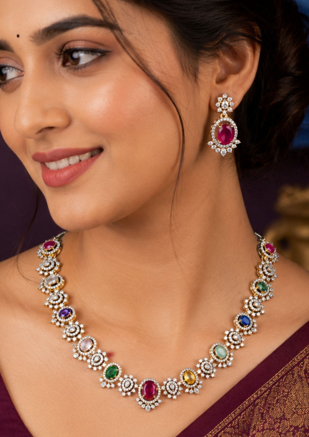 South Indian Woman wearing a Traditional Navaratna gold plated jewellery set crafted with colorful precious-inspired stones and brilliant zircon detailing. Designed to complement bridal outfits, silk sarees, festive attire, and elegant traditional styling.