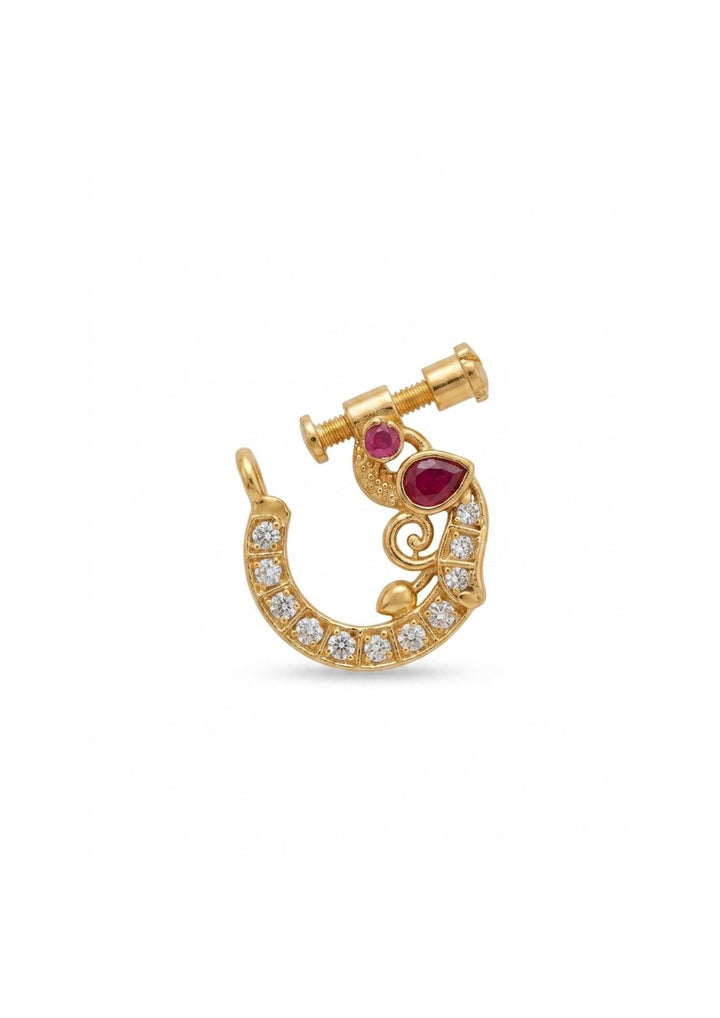 Gold earring with red gemstones and diamond accents on a white background Gold-plated nose pin with gemstones show very clearly how it look and nose pins are indian traditions to women can be used for weeding's , bridals and festivals and anti faded sweat proof 