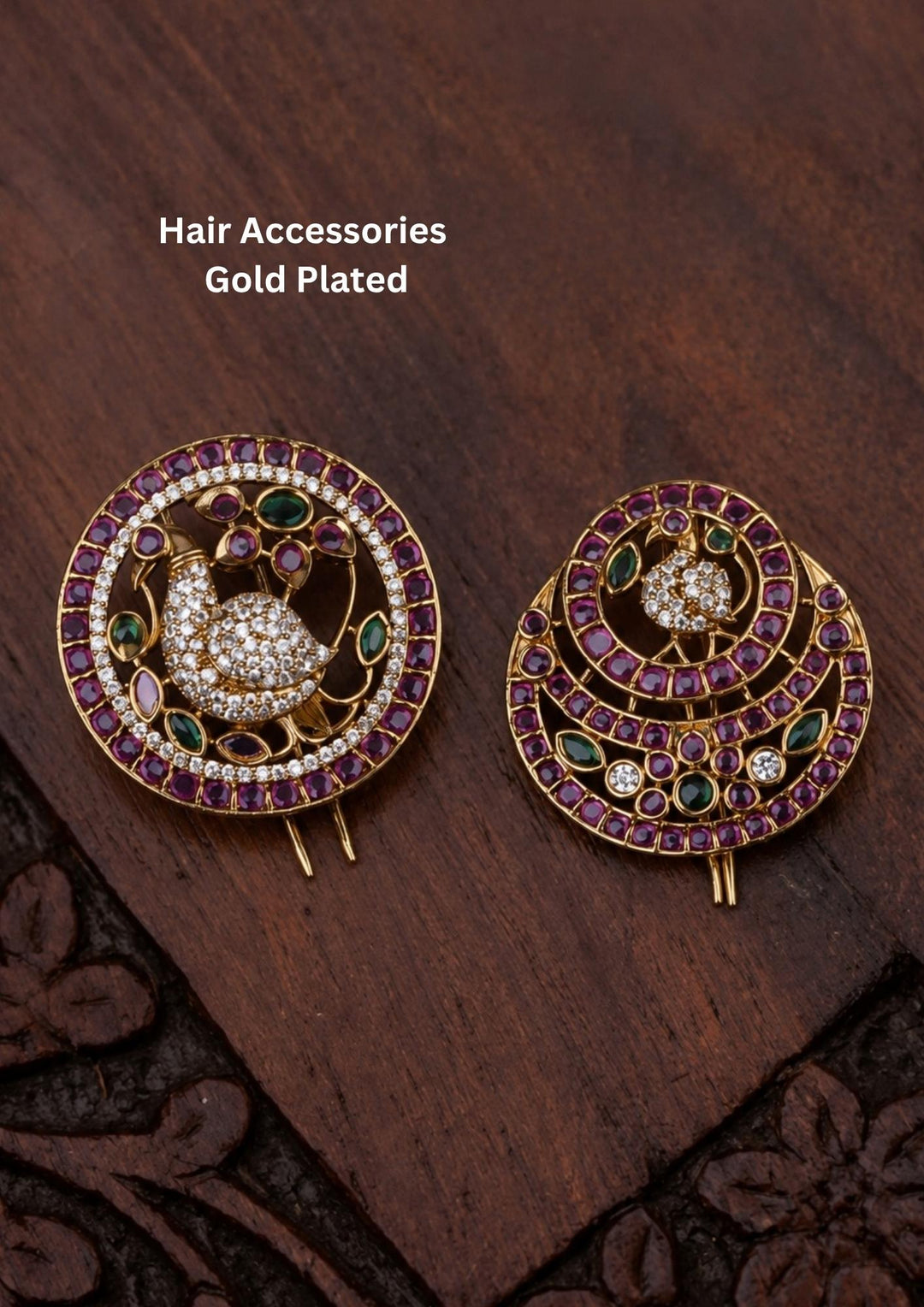 Beautiful Jadau Kundan gold plated Sun and Moon brooch set showcasing an elegant peacock motif with ruby, green stone, and shimmering zircon detailing. Perfect for festive occasions, traditional attire, cultural events, and premium gifting.