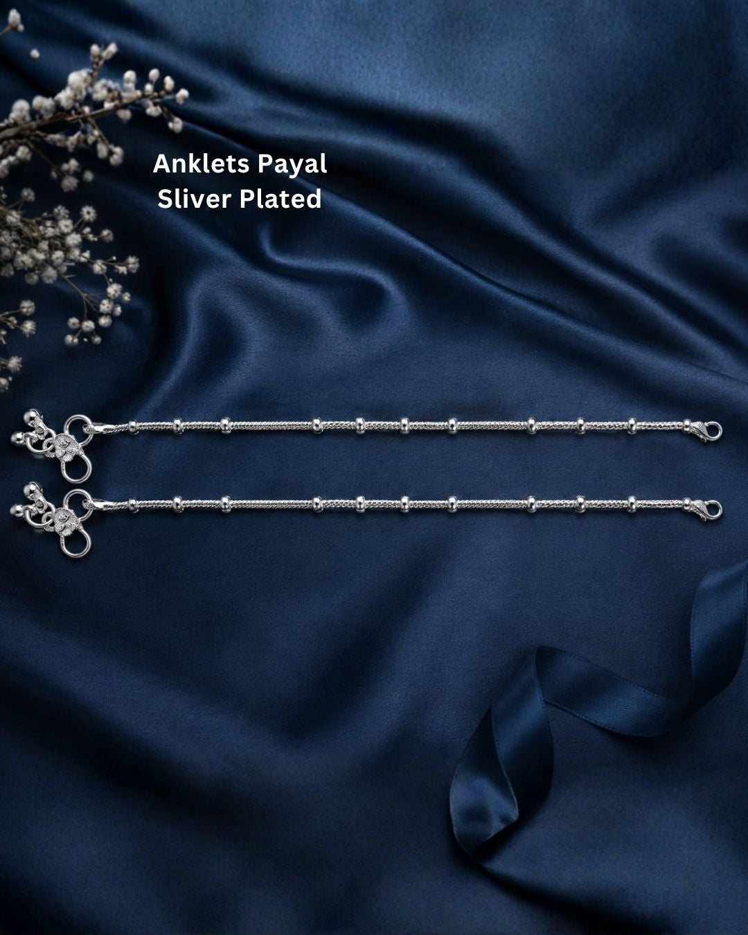 Beautiful silver plated chain anklet set featuring delicate textured chains, polished silver beads, and decorative hanging charms. Perfect for traditional occasions, festive wear, daily wear, and gifting.