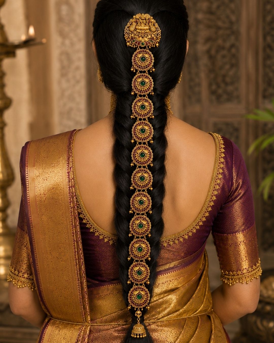 A South indian woman shown from the back wearing a traditional Indian saree in gold and purple, with an elaborate long black braid adorned with ornate gold hair jewelry featuring green stone accents.