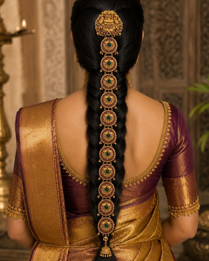 A South indian woman shown from the back wearing a traditional Indian saree in gold and purple, with an elaborate long black braid adorned with ornate gold hair jewelry featuring green stone accents.