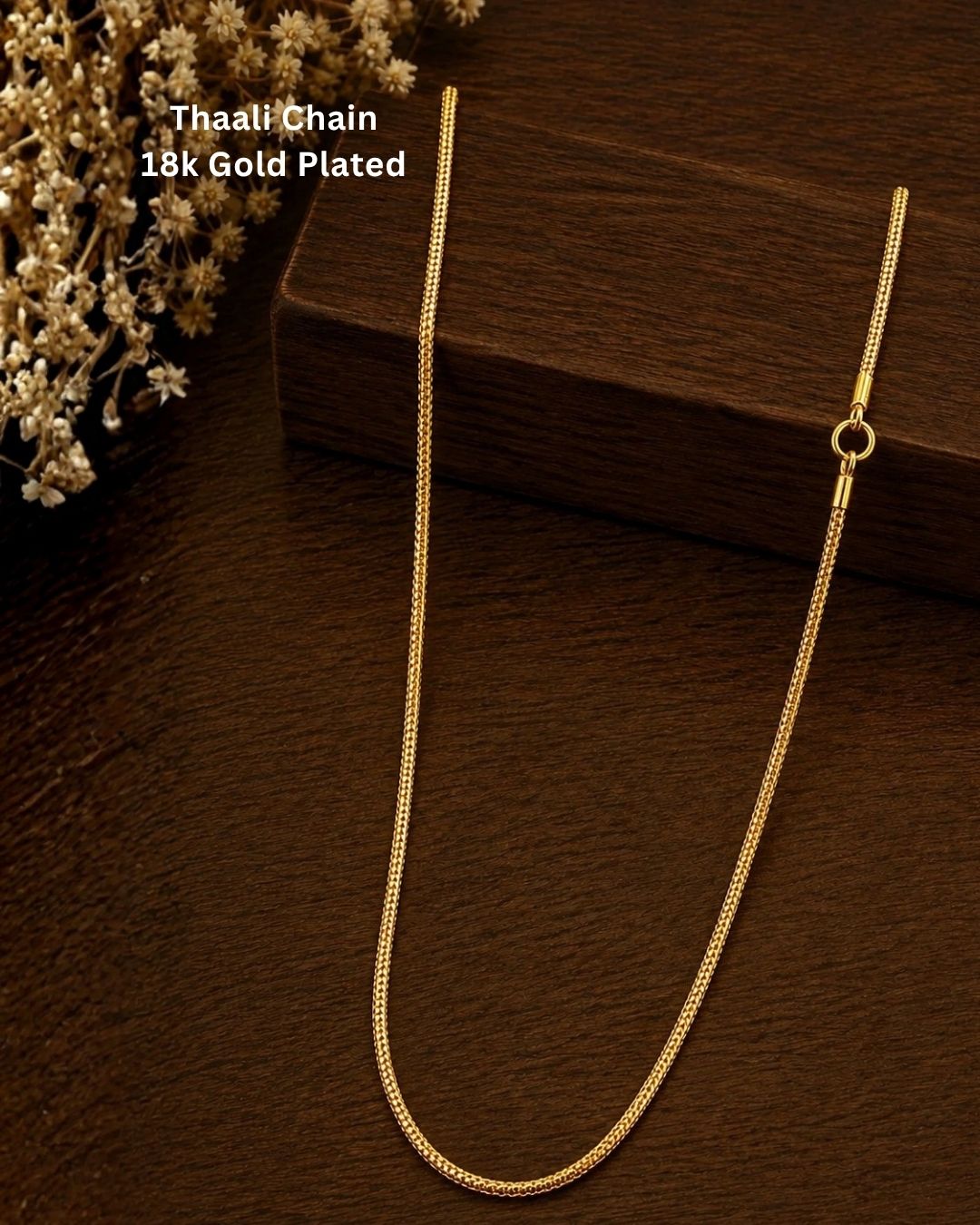 Beautiful gold plated thaali chain featuring a delicate textured link pattern and traditional clasp detailing. Perfect for weddings, daily wear, festive occasions, and gifting.