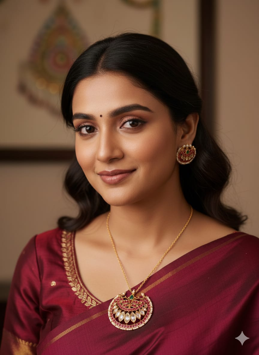 South indian women wearing a Gold plated Jadau Kundan pendant set featuring a large open hook crescent chandbali pendant and matching smaller stud earrings. The traditional jewelry pieces are decorated with leaf-shaped ruby red stone borders, clear kundan crystal slices arranged in a teardrop pattern, a central tear-shaped green emerald stone accent, and a delicate protective border made of tiny white pearl beads suitable for family gatherings, festivals, parties