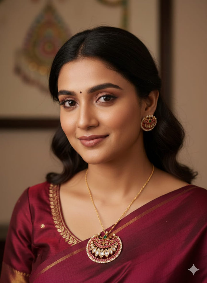 South indian women wearing a Gold plated Jadau Kundan pendant set featuring a large open hook crescent chandbali pendant and matching smaller stud earrings. The traditional jewelry pieces are decorated with leaf-shaped ruby red stone borders, clear kundan crystal slices arranged in a teardrop pattern, a central tear-shaped green emerald stone accent, and a delicate protective border made of tiny white pearl beads suitable for family gatherings, festivals, parties