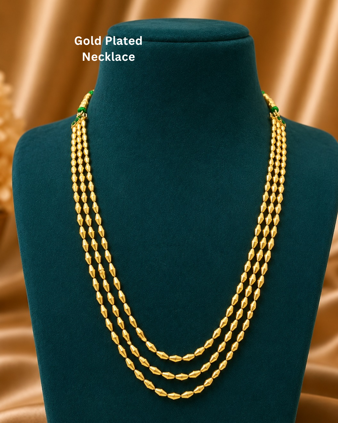 Beautiful triple strand gold beaded necklace featuring finely polished beads and a sleek layered finish. Perfect for daily wear, festive occasions, traditional outfits, temple visits, weddings, and premium gifting.