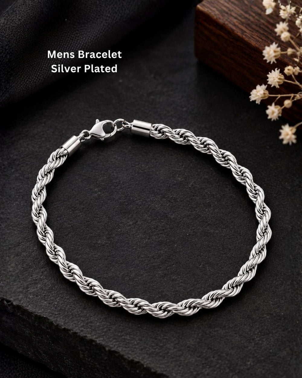Stylish silver plated men’s bracelet featuring an intricately twisted rope chain design, polished finish, and secure lobster clasp, perfect for daily wear, casual outfits, and modern styling.