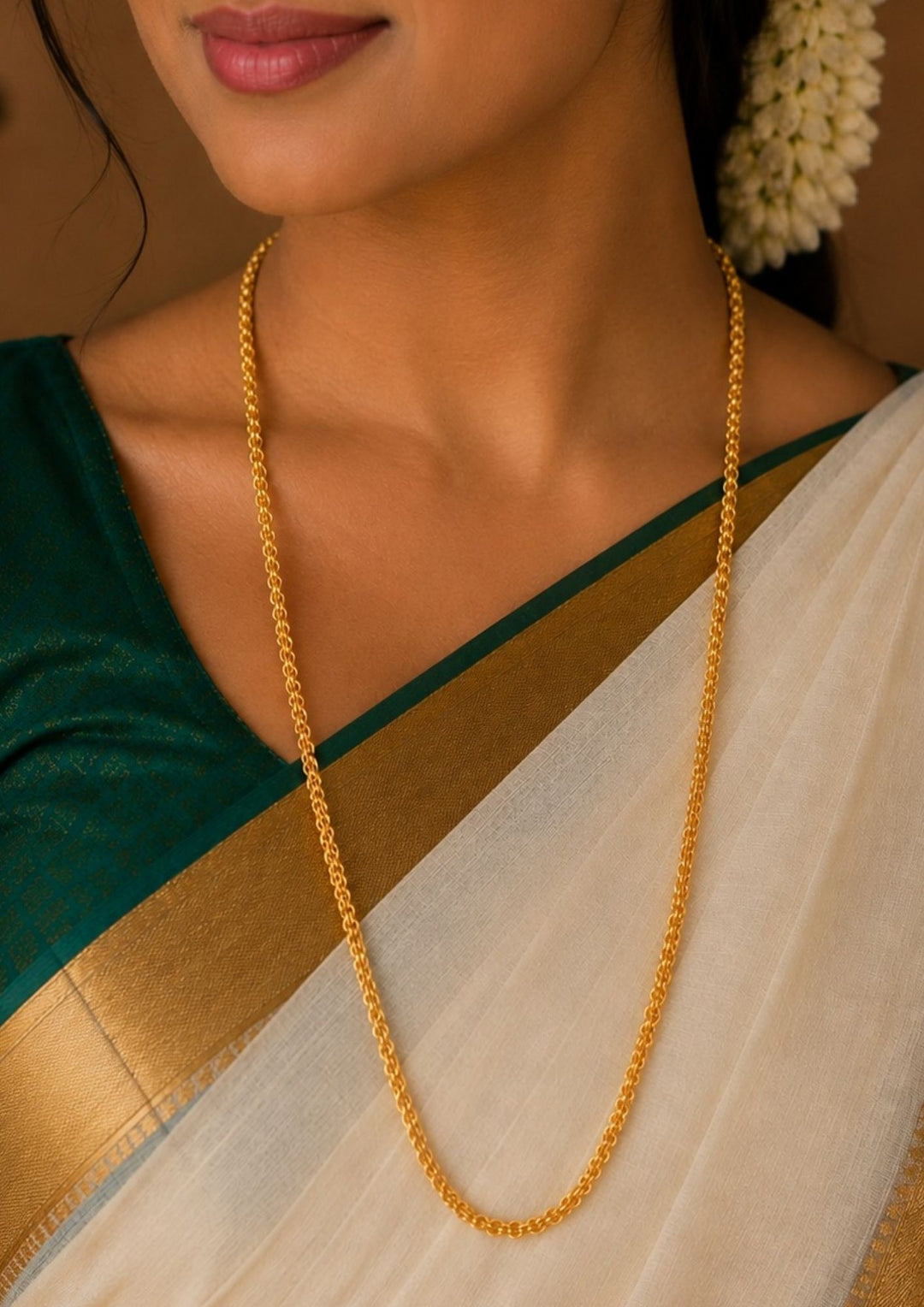 South Indian Woman wearing a 18k gold plated thali chain design in pattern of doublw chain twisted model perfect for dailywear