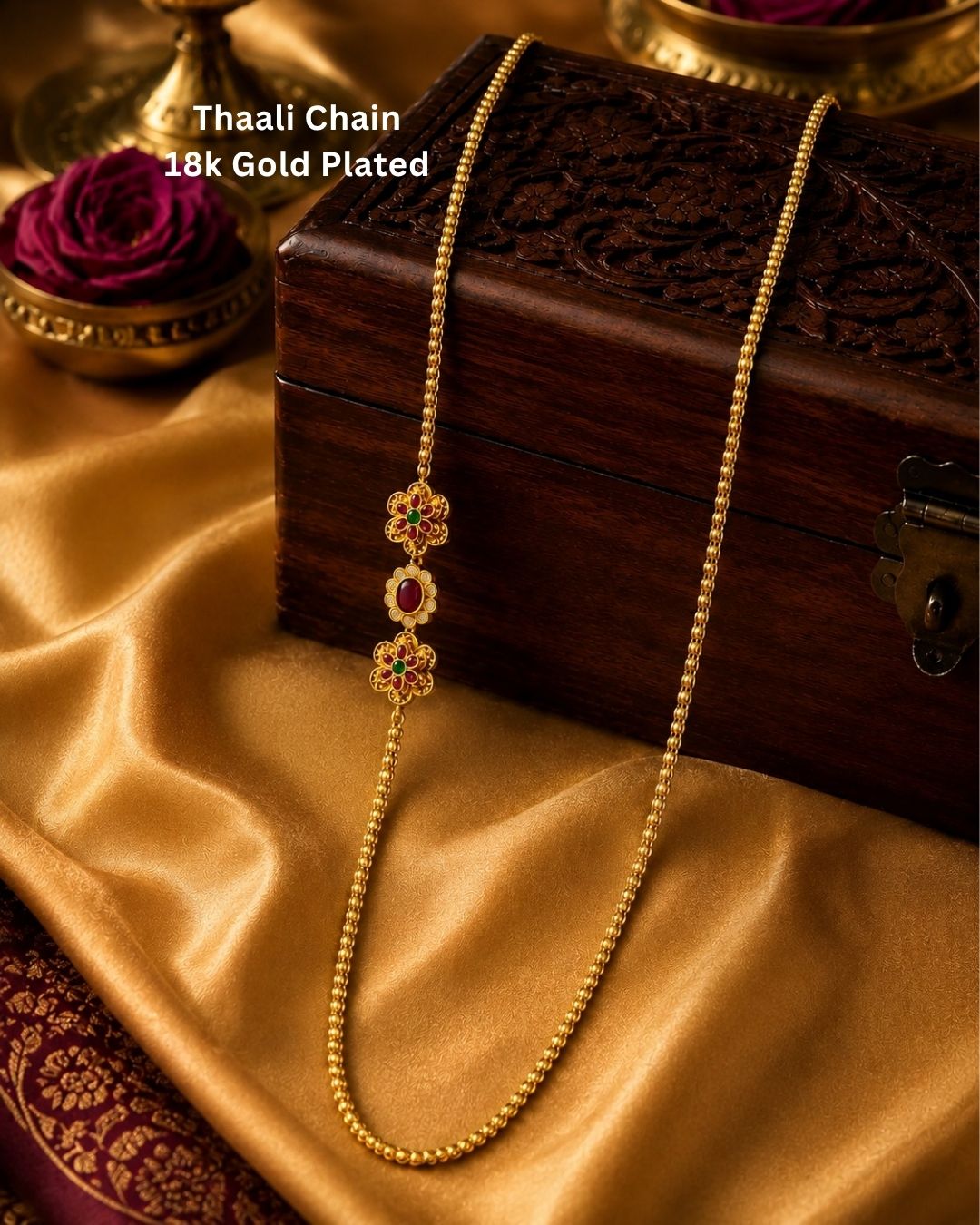Beautiful floral gold plated long chain featuring intricate temple-inspired craftsmanship, ruby-colored stone accents, and a lightweight beaded design. Perfect for weddings, festive occasions, traditional outfits, temple visits, and premium gifting.