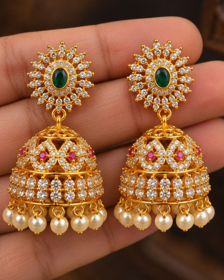 Gold Plated Jhumka Earrings with Pearl Drops
