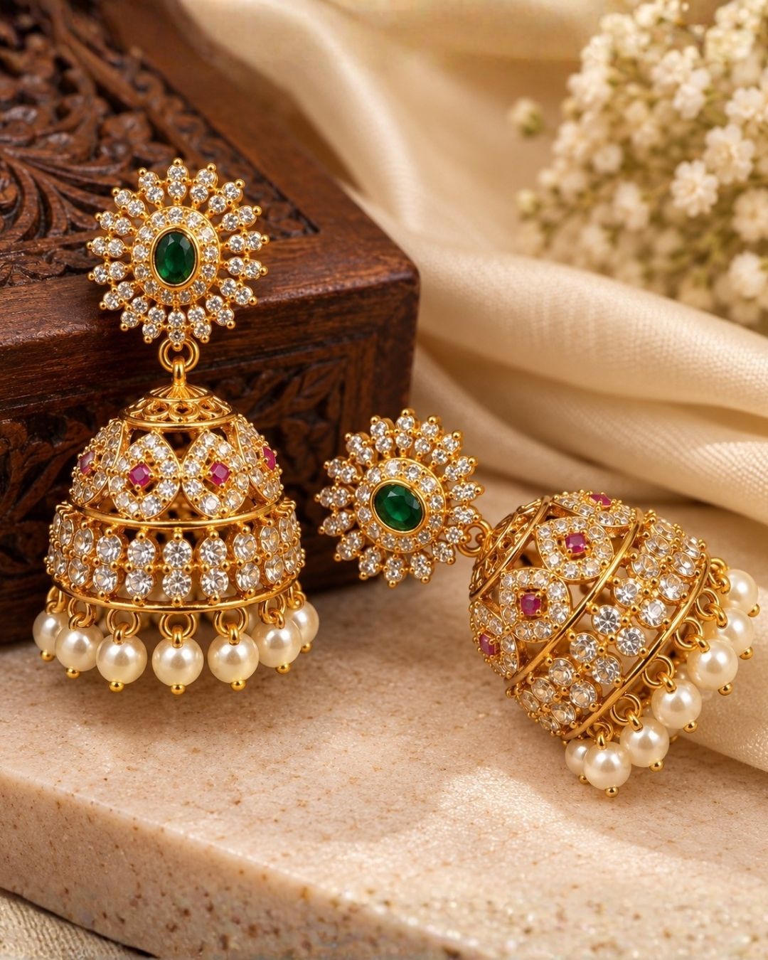 Gold Plated Jhumka Earrings with Pearl Drops