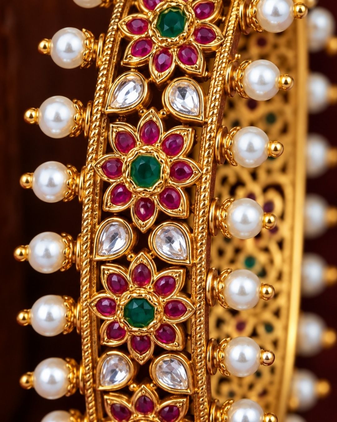 Jadau Kundan Gold Plated Pearl Openable Kada