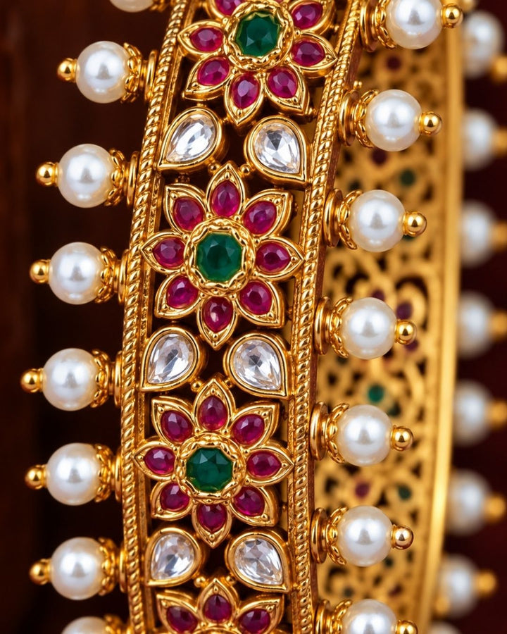 Jadau Kundan Gold Plated Pearl Openable Kada
