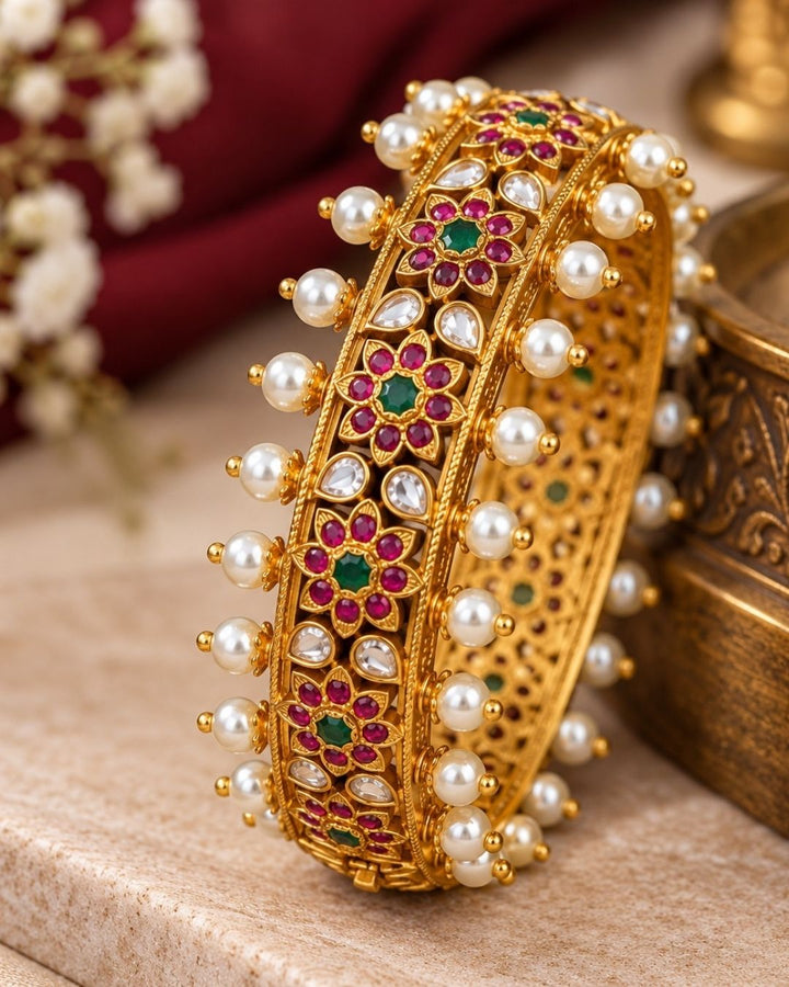 Jadau Kundan Gold Plated Pearl Openable Kada