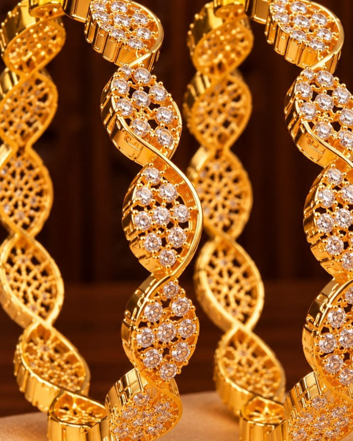 Zircon Diamond Gold Plated Leaf Pattern Bangles